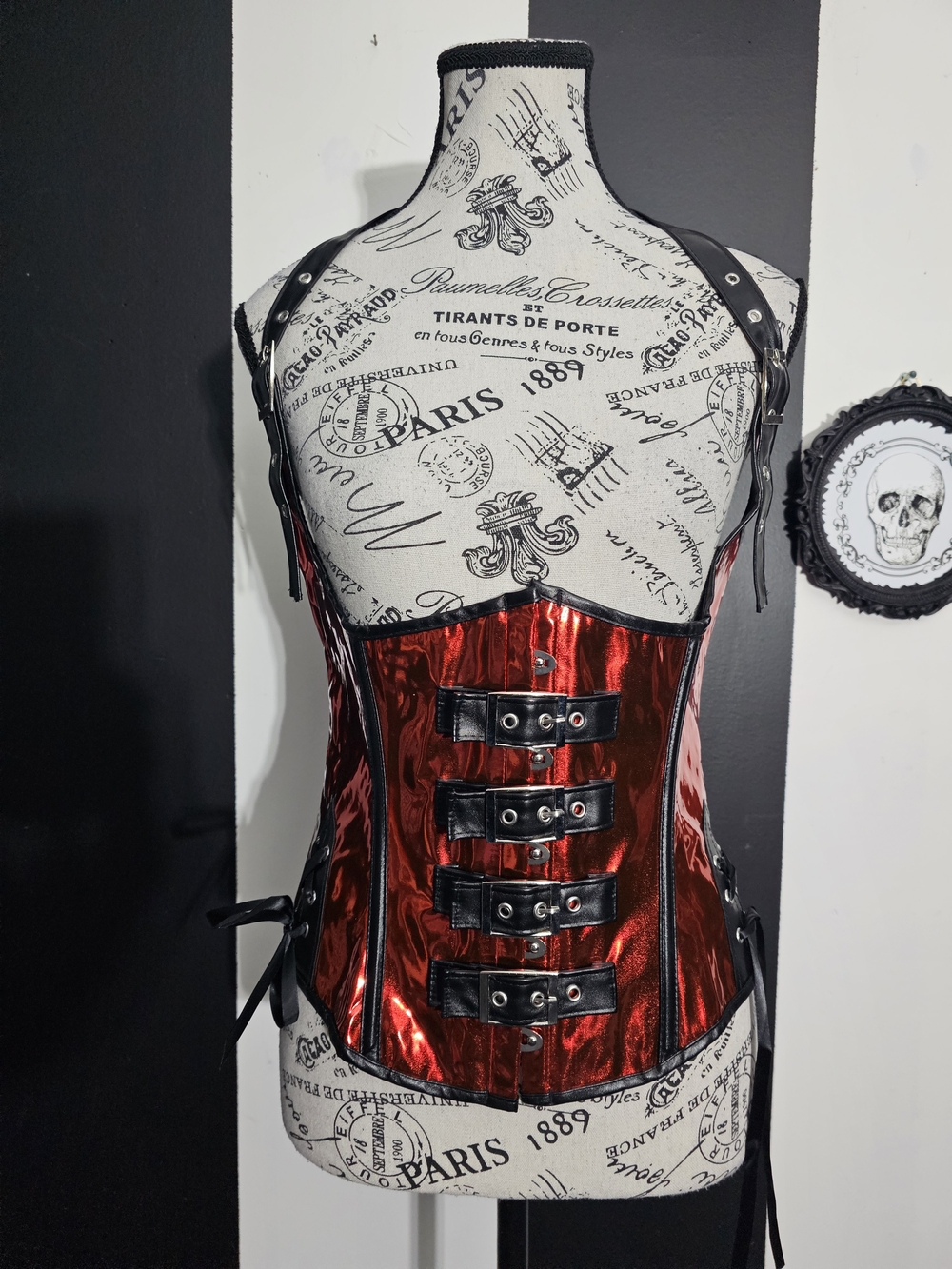 Metallic Red Gothic Corset Camisole with Buckle Accents